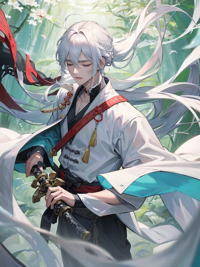 ((Official Art，masterpiece)):0.9，Clear focus，1 boy，Chinese style，There are patterns on the clothes，Oriental Fantasy，White robe，Long white hair，indifferent，Heat and cold，Male God，Long sword at waist，bamboo forest，Cool colors，gloom，Long black hair fluttering in the wind，Hair Bunch，Sword eyebrows，Close your eyes。