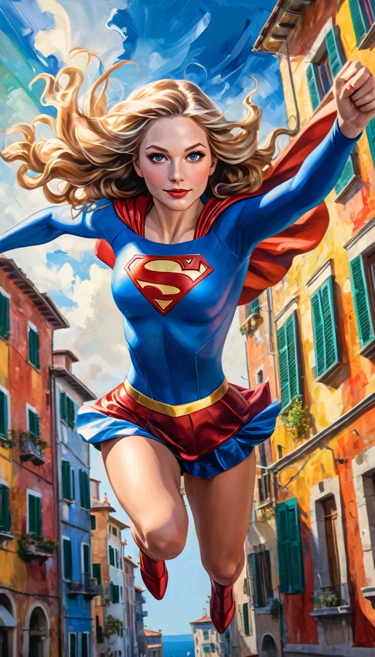 IN THE AIR, a beautiful supergirl flying over a picturesque italian city, oil painting, high detailed face, long wavy hair, dynamic pose, blue sky, cityscape with colorful buildings, vintage style, rich colors, dramatic lighting, impressionistic brushstrokes, masterpiece, ultra-detailed, 8k, hyperrealistic