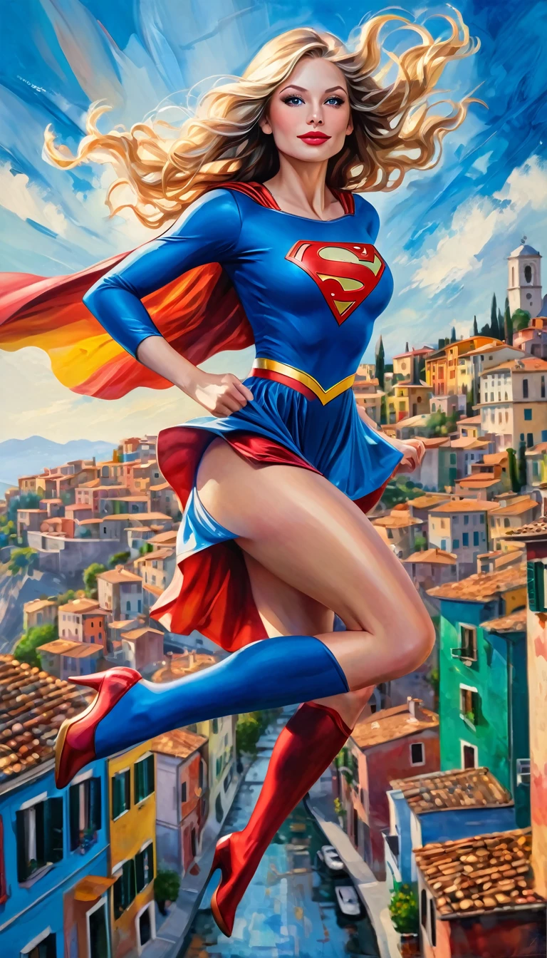 IN THE AIR, a beautiful supergirl flying over a picturesque italian city, oil painting, high detailed face, long wavy hair, dynamic pose, blue sky, cityscape with colorful buildings, vintage style, rich colors, dramatic lighting, impressionistic brushstrokes, masterpiece, ultra-detailed, 8k, hyperrealistic
