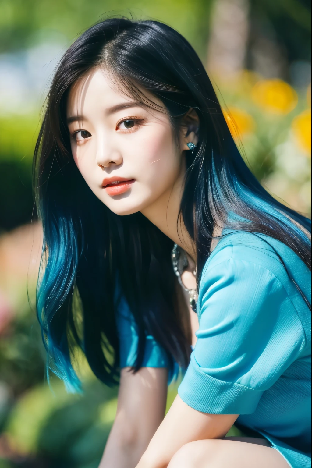 araffe woman in a blue dress posing for a picture, jaeyeon nam, jinyoung shin, portrait of jossi of blackpink, taejune kim, heonhwa choe, roseanne park of blackpink, sun yunjoo, cynthwave, sakimichan, aurora colored hair, popular south korean makeup, portrait of female korean idol, headshot profile picture