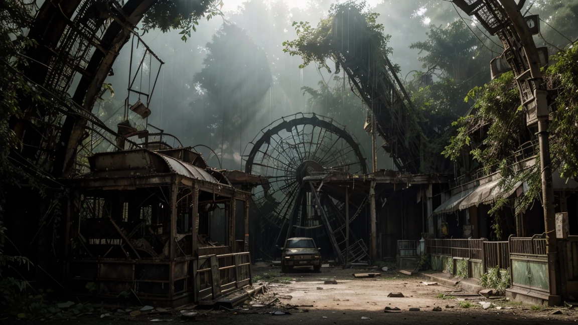 Deserted amusement park overrun by nature, post-apocalyptic ambiance, ultra realistic, photorealistic, highly detailed, cinematic lighting, muted colors, atmospheric background, decaying rides and attractions, detailed overgrowth of vegetation, realistic textures, dramatic shadows, lifelike expressions, empty walkways, rusted roller coasters, broken ferris wheel, remnants of old signs, volumetric light effects through overcast skies, dynamic composition, eerie yet serene scene, intricate plant details, immersive environment, nuanced lighting, weathered and abandoned elements, high resolution, focus on overgrown amusement park details, scattered debris, wildlife reclaiming the space, makeshift shelters, contrast between nature and decay