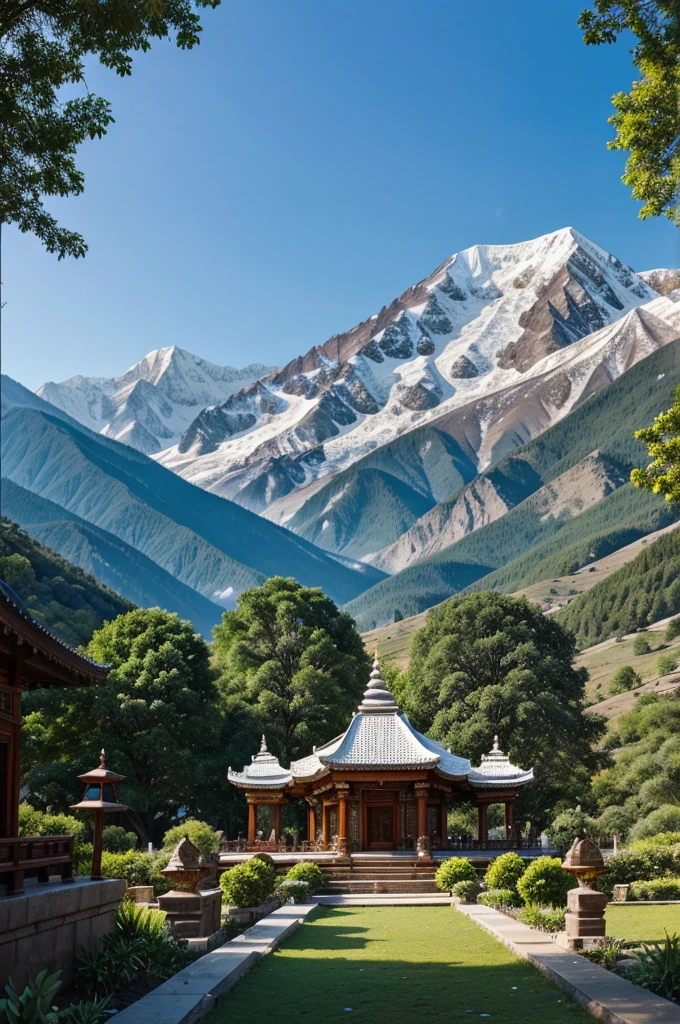 There should be a temple amidst the mountains, there should be snow mountains behind and there should be lush green trees and plants in front of the temple. Om Namah Shivay should be written on the temple. There should be a bell on the temple