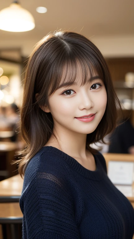  Highest quality、Confused、Very detailed、finely、High resolution、8k wallpaper、Perfect dynamic composition、Beautiful and beautiful eyes、Gorgeous knitwear,Big Breasts、So that your whole body is visible、Natural color lip、Bold sexy pose、smile、Cafe、Japanese、25-year-old woman、cute、sexy shot looking at camera、Always blur the background、Perfect and beautiful face,Beautiful and elaborate face、Slim face and figure