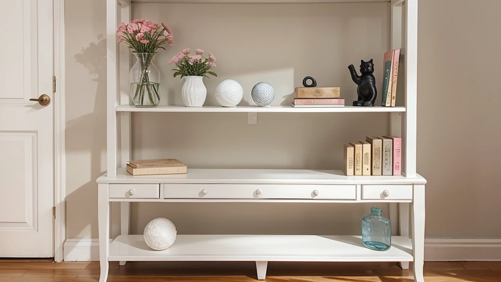 Create an image featuring a set of four circular wall shelves with white borders. On the top left shelf, place three spherical objects with varying colors. On the top right shelf, include a small vase with pink flowers and accompanying fragrance sticks. The bottom left shelf should contain two vases, one taller and slim in white color and another shorter in red color, positioned next to a silhouette of a black cat. Finally, on the bottom right shelf, display a miniature model of a classic street lamp and bench set against a plain grey background.