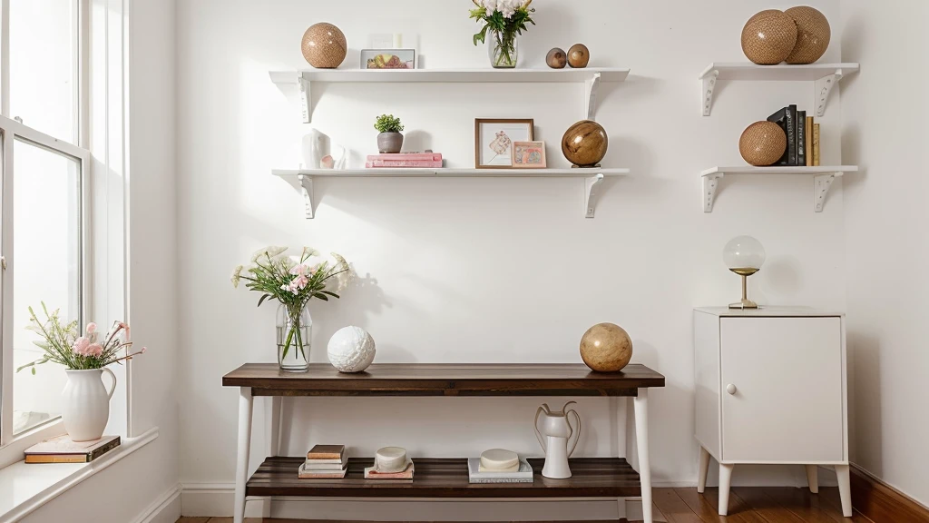 Create an image featuring a set of four circular wall shelves with white borders. On the top left shelf, place three spherical objects with varying colors. On the top right shelf, include a small vase with pink flowers and accompanying fragrance sticks. The bottom left shelf should contain two vases, one taller and slim in white color and another shorter in red color, positioned next to a silhouette of a black cat. Finally, on the bottom right shelf, display a miniature model of a classic street lamp and bench set against a plain grey background.