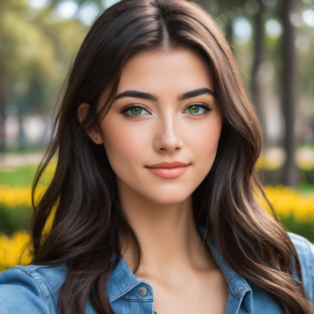 cute beautifull brunette, in a park, full body, Smiling, perfect angle, very detailed, 23 years old, naughty face, messy long hair, green eyes, hight-res, masterpiece, best quality, intricate details, highly detailed, sharp focus, detailed skin, realistic skin texture, texture, detailed eyes, professionnal, 4k, smile, shot on Canon, 85mm, shallow depth of field, kodak vision color, eyeshadow, extremely detailled, photo_(ultra), photorealistic, realistic, post-processing, max detail, roughness, real life, ultra realistic, photorealism, photography, 8k uhd, photography, pokies