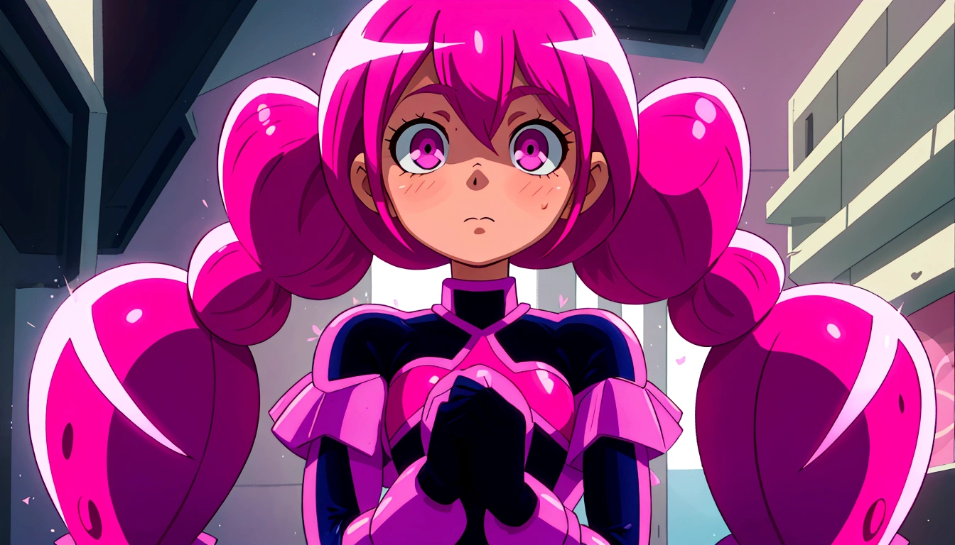 a close up of a person with pink hair and a purple outfit, anime girl named lucy, humanoid pink female squid girl, pink iconic character, shining pink armor, juri misaki, pink twintail hair and cyan eyes, misato katsuragi, black magician girl, streamlined pink armor, with pink hair