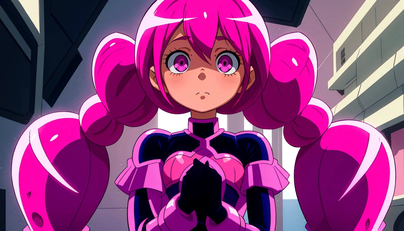 a close up of a person with pink hair and a purple outfit, anime girl named lucy, humanoid pink female squid girl, pink iconic character, shining pink armor, juri misaki, pink twintail hair and cyan eyes, misato katsuragi, black magician girl, streamlined pink armor, with pink hair