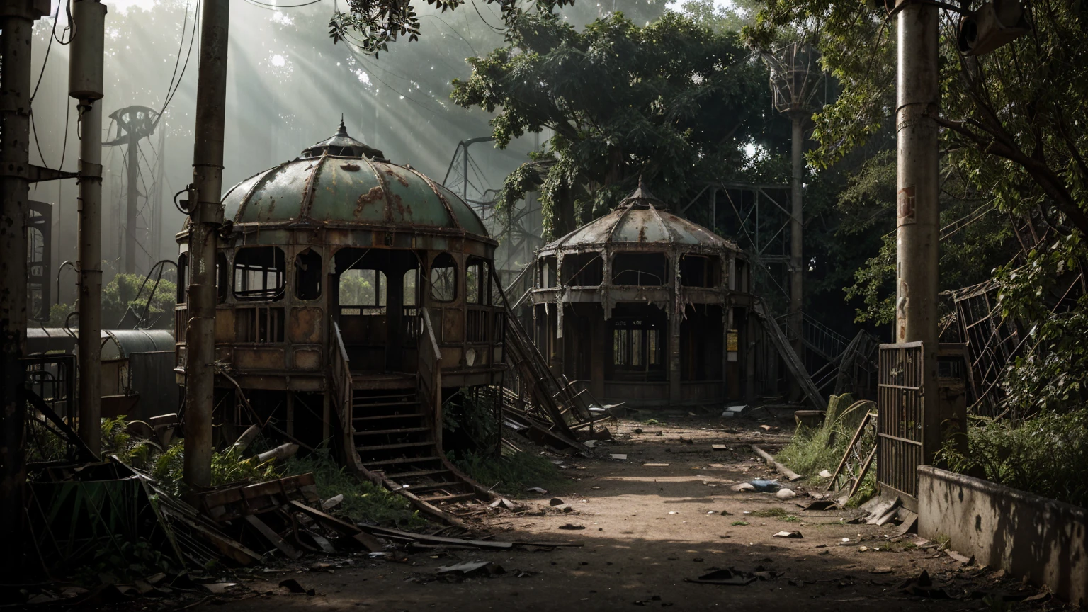 Deserted amusement park overrun by nature, post-apocalyptic ambiance, ultra realistic, photorealistic, highly detailed, cinematic lighting, muted colors, atmospheric background, decaying rides and attractions, detailed overgrowth of vegetation, realistic textures, dramatic shadows, lifelike expressions, empty walkways, rusted roller coasters, broken ferris wheel, remnants of old signs, volumetric light effects through overcast skies, dynamic composition, eerie yet serene scene, intricate plant details, immersive environment, nuanced lighting, weathered and abandoned elements, high resolution, focus on overgrown amusement park details, scattered debris, wildlife reclaiming the space, makeshift shelters, contrast between nature and decay