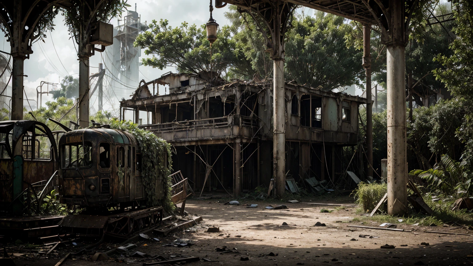 Deserted amusement park overrun by nature, post-apocalyptic ambiance, ultra realistic, photorealistic, highly detailed, cinematic lighting, muted colors, atmospheric background, decaying rides and attractions, detailed overgrowth of vegetation, realistic textures, dramatic shadows, lifelike expressions, empty walkways, rusted roller coasters, broken ferris wheel, remnants of old signs, volumetric light effects through overcast skies, dynamic composition, eerie yet serene scene, intricate plant details, immersive environment, nuanced lighting, weathered and abandoned elements, high resolution, focus on overgrown amusement park details, scattered debris, wildlife reclaiming the space, makeshift shelters, contrast between nature and decay