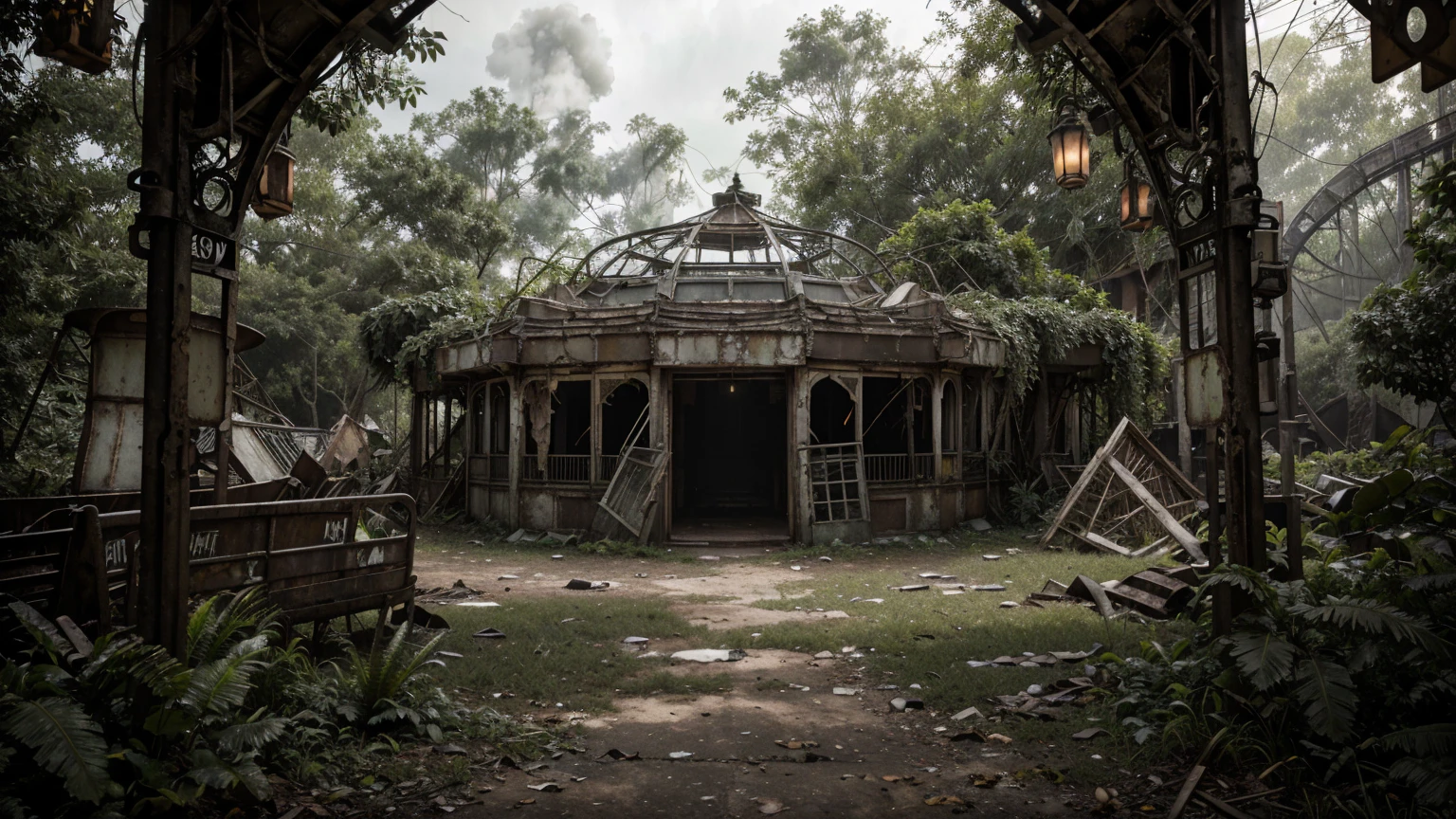 Deserted amusement park overrun by nature, post-apocalyptic ambiance, ultra realistic, photorealistic, highly detailed, cinematic lighting, muted colors, atmospheric background, decaying rides and attractions, detailed overgrowth of vegetation, realistic textures, dramatic shadows, lifelike expressions, empty walkways, rusted roller coasters, broken ferris wheel, remnants of old signs, volumetric light effects through overcast skies, dynamic composition, eerie yet serene scene, intricate plant details, immersive environment, nuanced lighting, weathered and abandoned elements, high resolution, focus on overgrown amusement park details, scattered debris, wildlife reclaiming the space, makeshift shelters, contrast between nature and decay