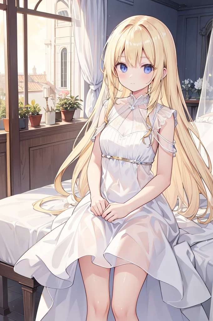 Alcanevi, A woman with long blonde hair wearing a white sheer dress, Woman&#39;s face, Unreal Engine Character Art, Portraiture((Toddler girl))　((5 years old))((naked))　((nsfw))Cherry blossom tree background、((She lifts the skirt of her white open-chested mini dress to reveal her crotch.、The shirt shows through and the chest is visible))