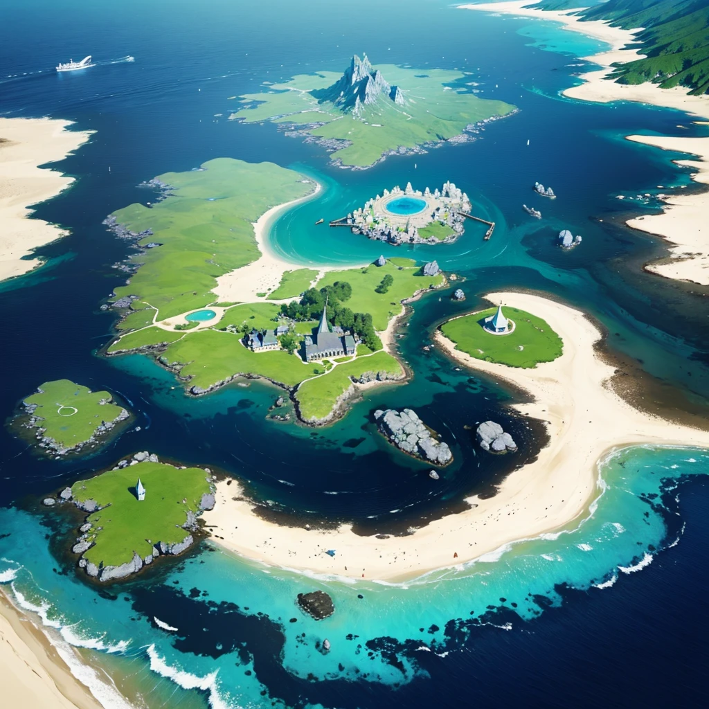 fantasy world, ((5 islands)), navigator&#39;s scroll, ((Best Quality)), ((maximum in details)), world is called Chaos, decorations in oceans, unexplored world, ((mediaval)), Ancient parchment, moon shaped island