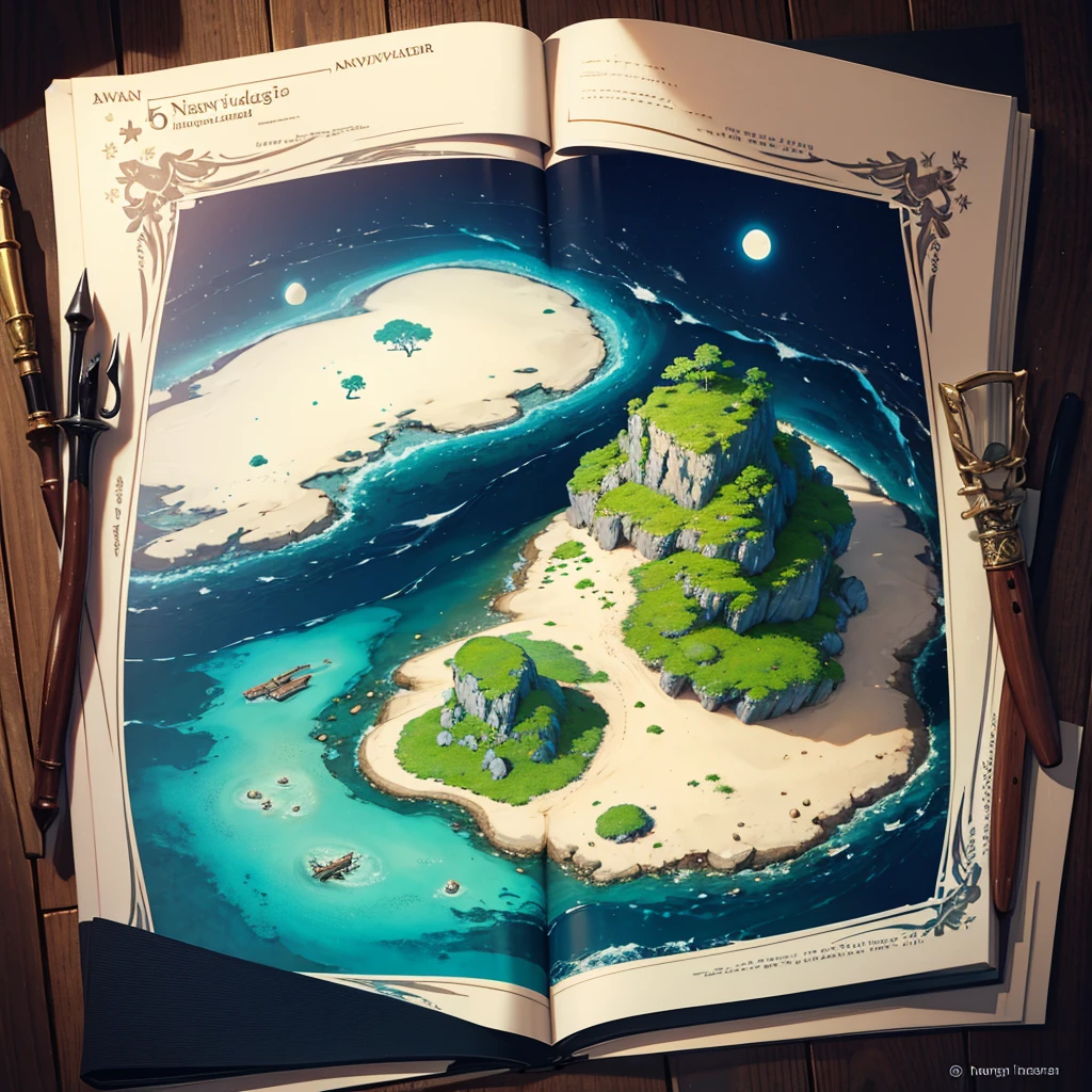 fantasy world, ((5 islands)), navigator&#39;s scroll, ((Best Quality)), ((maximum in details)), world is called Chaos, decorations in oceans, unexplored world, ((mediaval)), Ancient parchment, moon shaped island