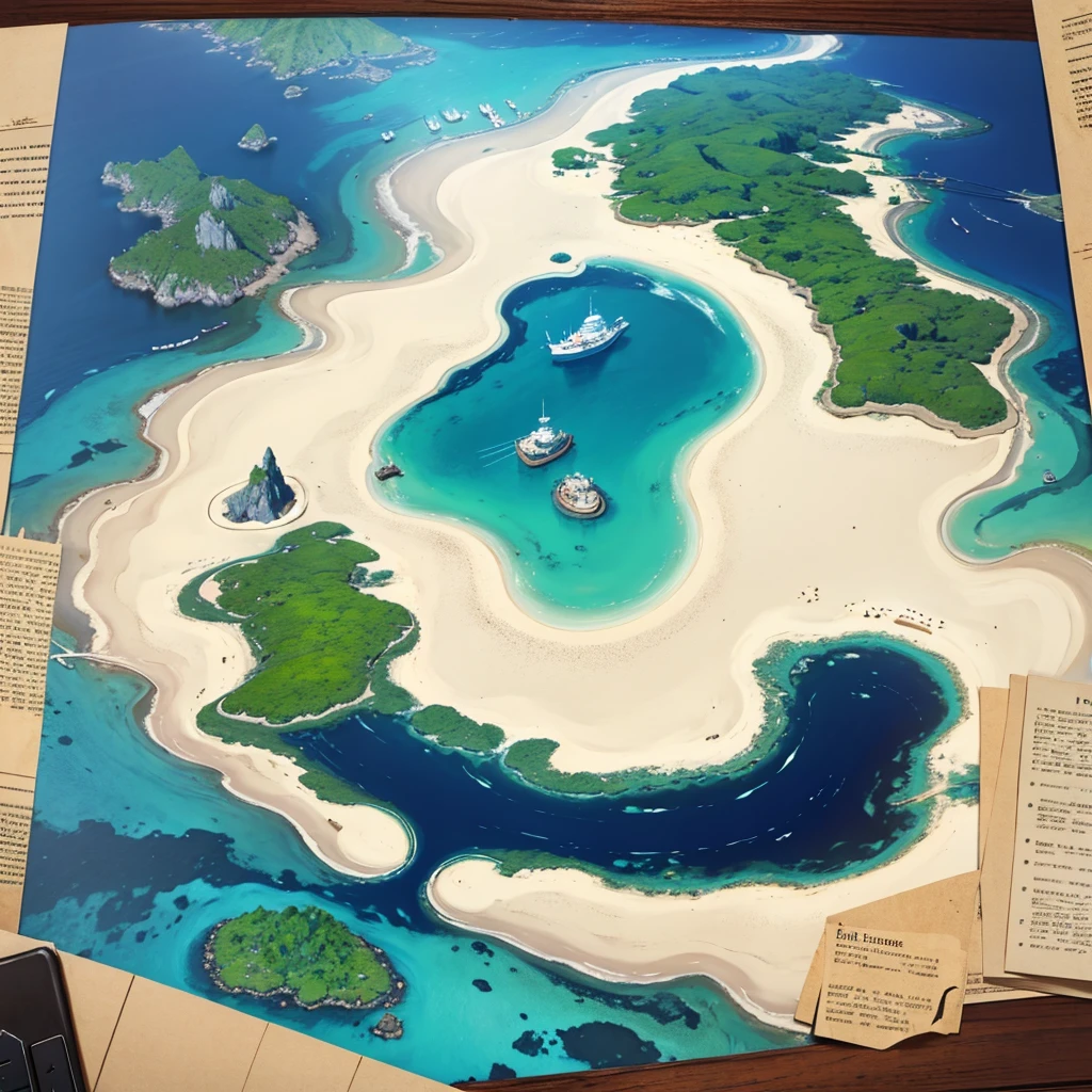 fantasy world, ((5 islands)), navigator&#39;s scroll, ((Best Quality)), ((maximum in details)), world is called Chaos, decorations in oceans, unexplored world, ((mediaval)), Ancient parchment, moon shaped island