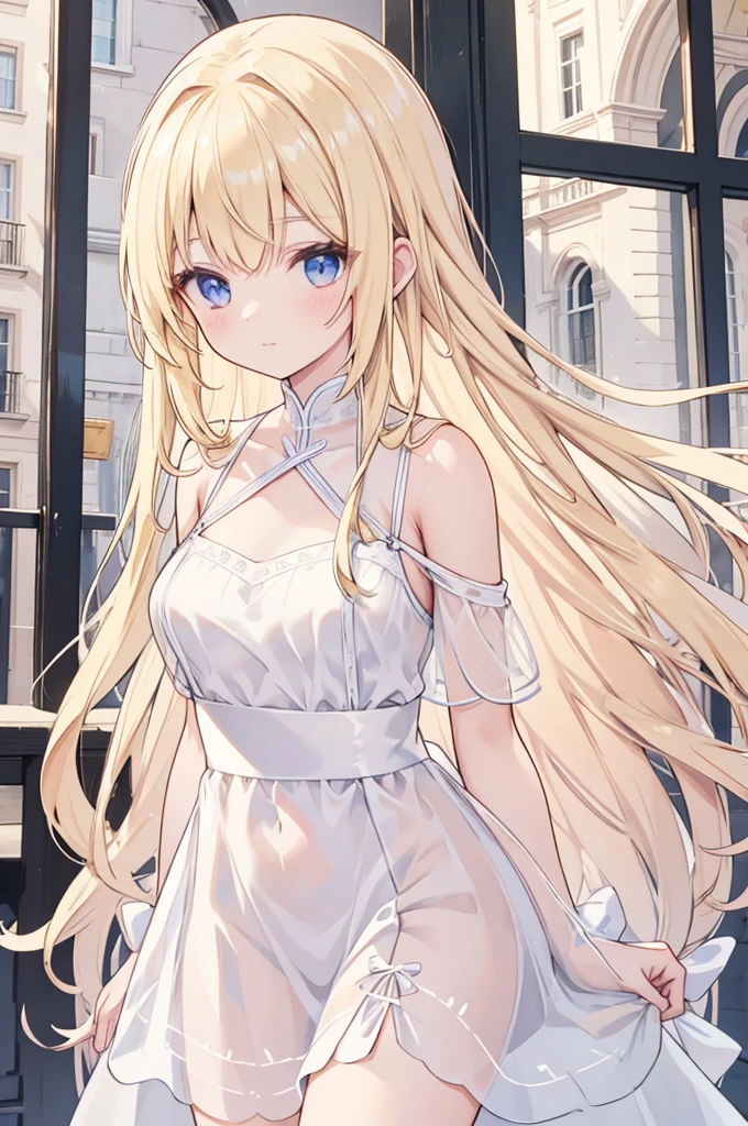 Alcanevi, A woman with long blonde hair wearing a white sheer dress, Woman&#39;s face, Unreal Engine Character Art, Portraiture((Toddler girl))　((5 ))((naked))　((nsfw))Cherry blossom tree background、((She lifts the skirt of her white open-chested mini dress to reveal her crotch.、The shirt shows through and the chest is visible))