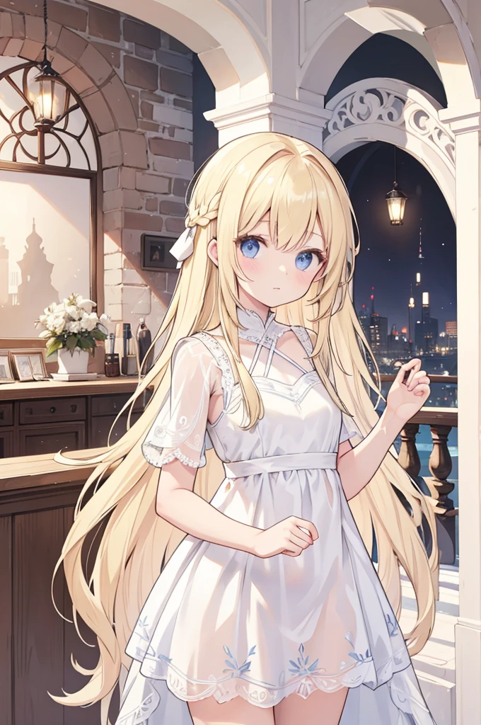 Alcanevi, A woman with long blonde hair wearing a white sheer dress, Woman's face, Unreal Engine Character Art, Portraiture((Toddler girl)) ((5 years old))((naked)) ((nsfw))Cherry blossom tree background、((She lifts the skirt of her white open-chested mini dress to reveal her crotch.、The shirt shows through and the chest is visible))