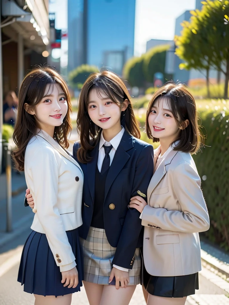 Three Beauties,3 girls,mini skirt,Wearing a uniform,blazer,smile