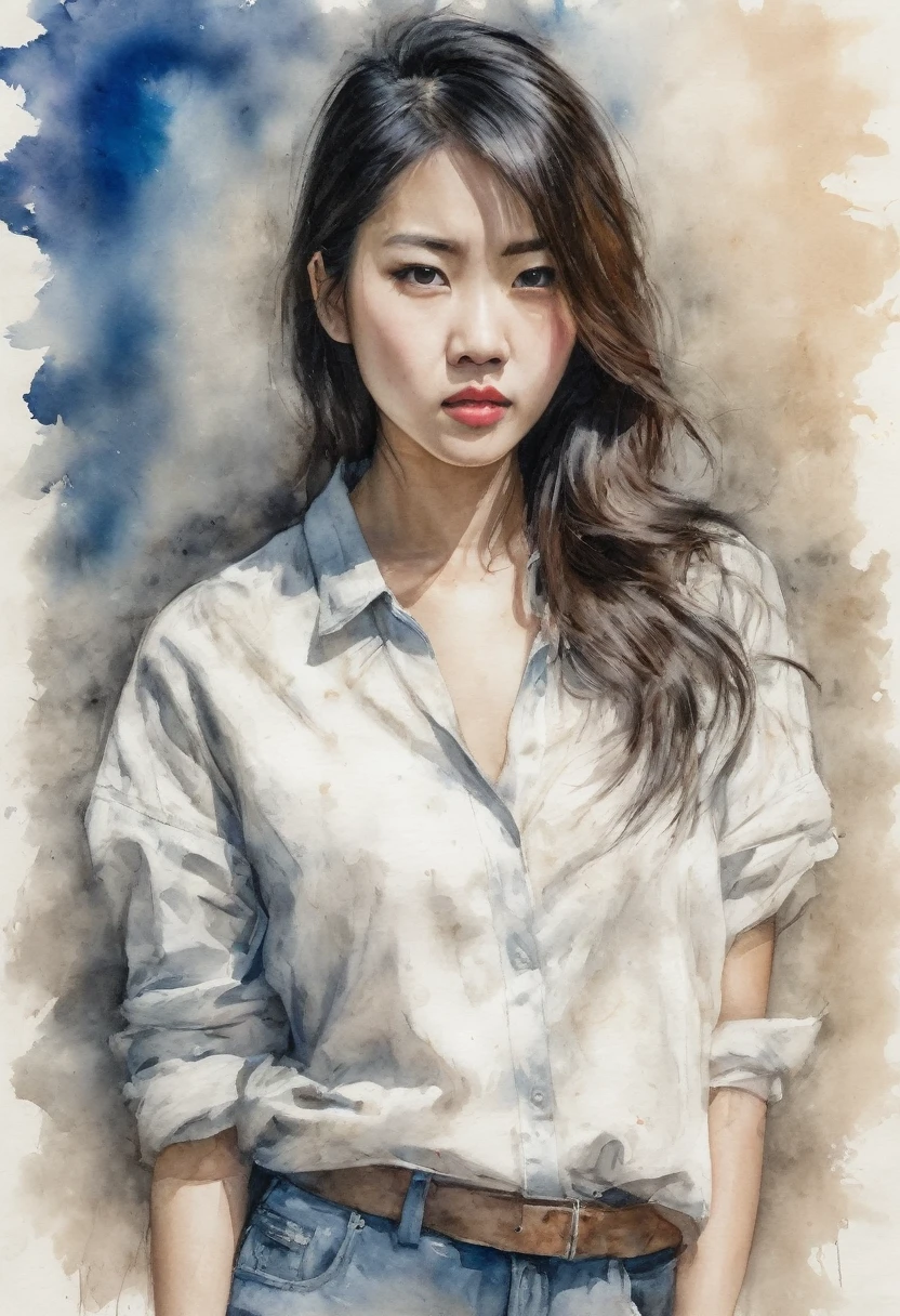 Detailed hyperrealistic sketch on matt antique parchment paper, portrait of a pretty asian lady looking at you with angry expression, wearing casual modern clothes, attractive light colors oil, watercolor pastel desaturated