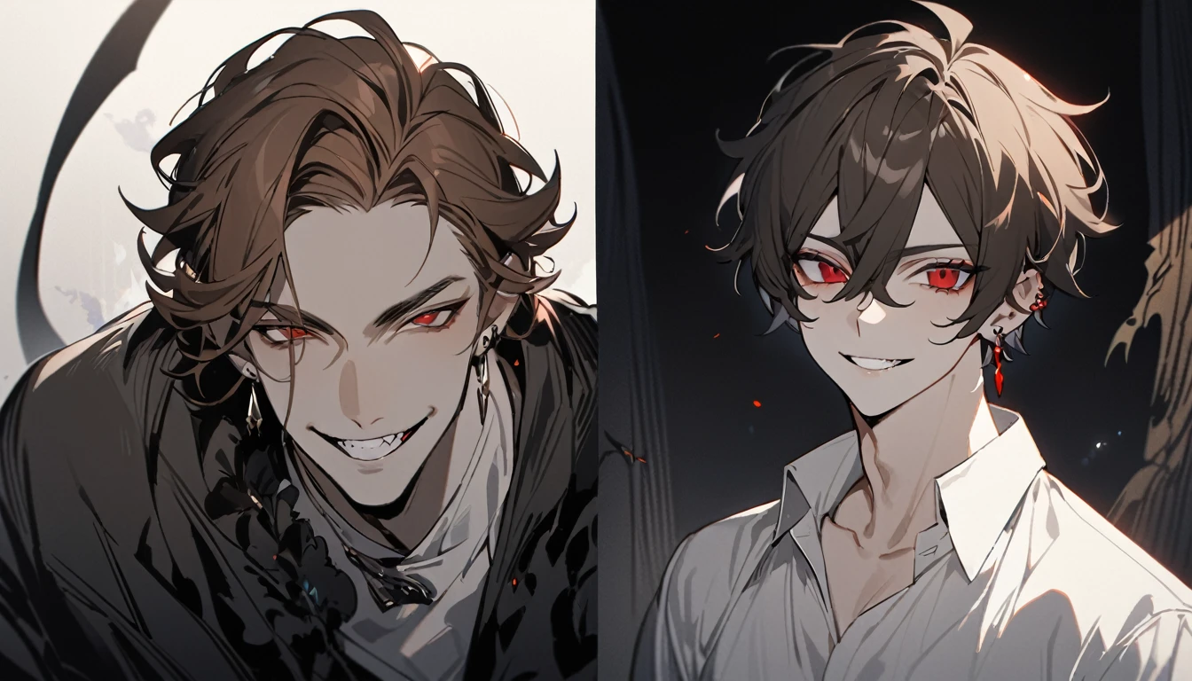((masterpiece)),(((Highest quality))), Close-up of attractive man with brown hair, Adult man, Seductive Evil, Wearing a white shirt, Black Cape, black pants attractive look, Subsurface scattering skin, Charming humanoid, High detail, Skinny fantasy man, Fan art, art, Handsome man, Red eyes, Grin, smile, tooth, vampire tooth, , Thin face, Sunken cheeks, Melancholic appearance, Sharp jaw, Smooth face, Earrings in the ears, Hair Gradation, Hair color changes from brown to red, Thin eyebrows, Short hair on the sides, Pixie Hairstyles, Wavy Hair, A horrifying look, Cool dark colors, Additional lighting, Dark painting, Black darkness, There's a sinister flame in his eyes, Necromancer, necromancy, sorrow, sorrow, Eye regret, despair, fear, Narrow eyes, Moonlit Night, Standing in water, The moon reflects on the water, Red Moon