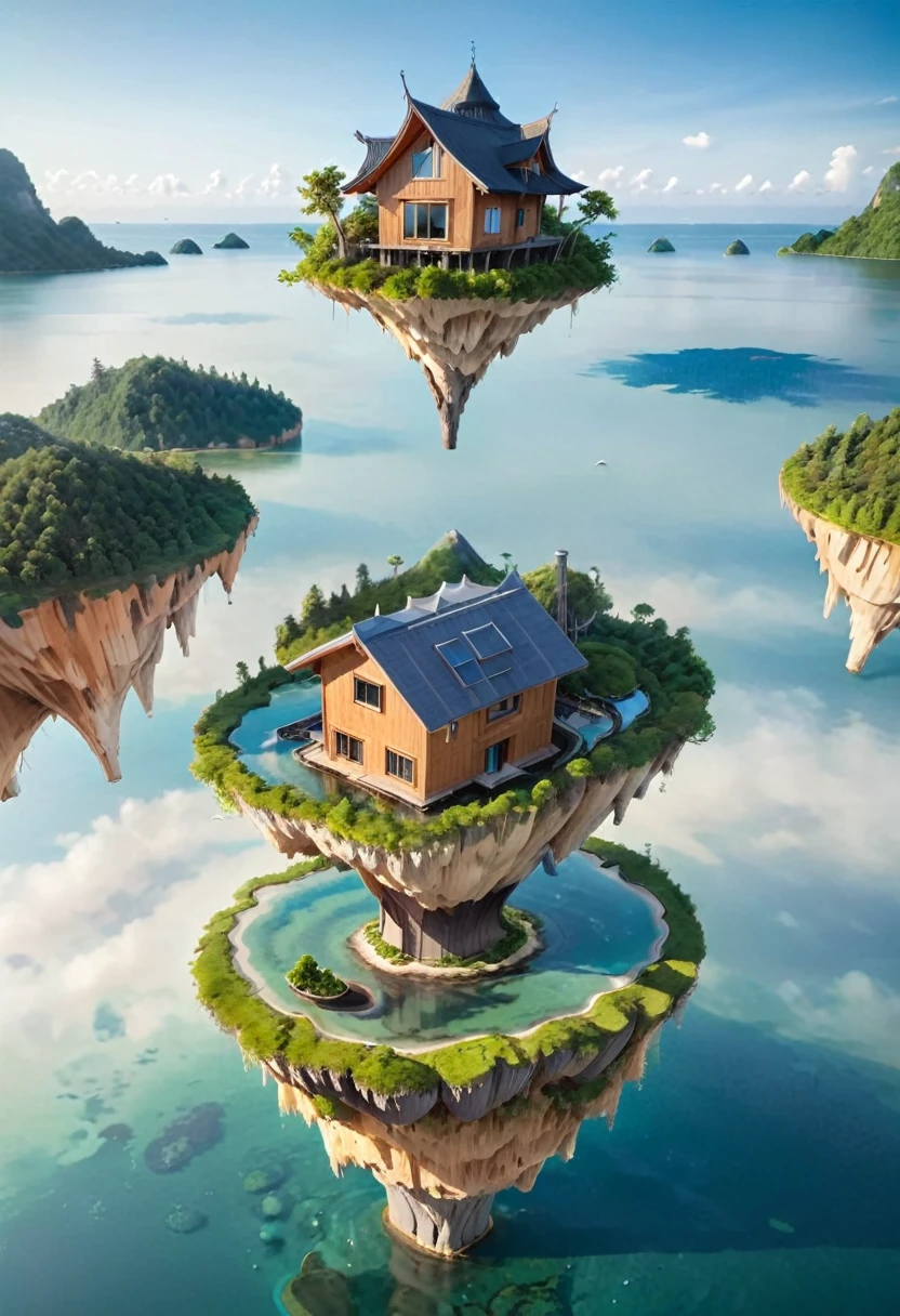 island floating in the air with a wooden house on it.