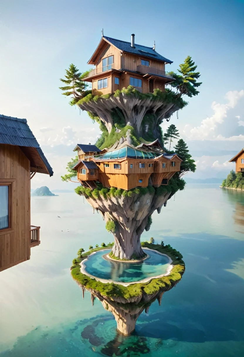 island floating in the air with a wooden house on it.