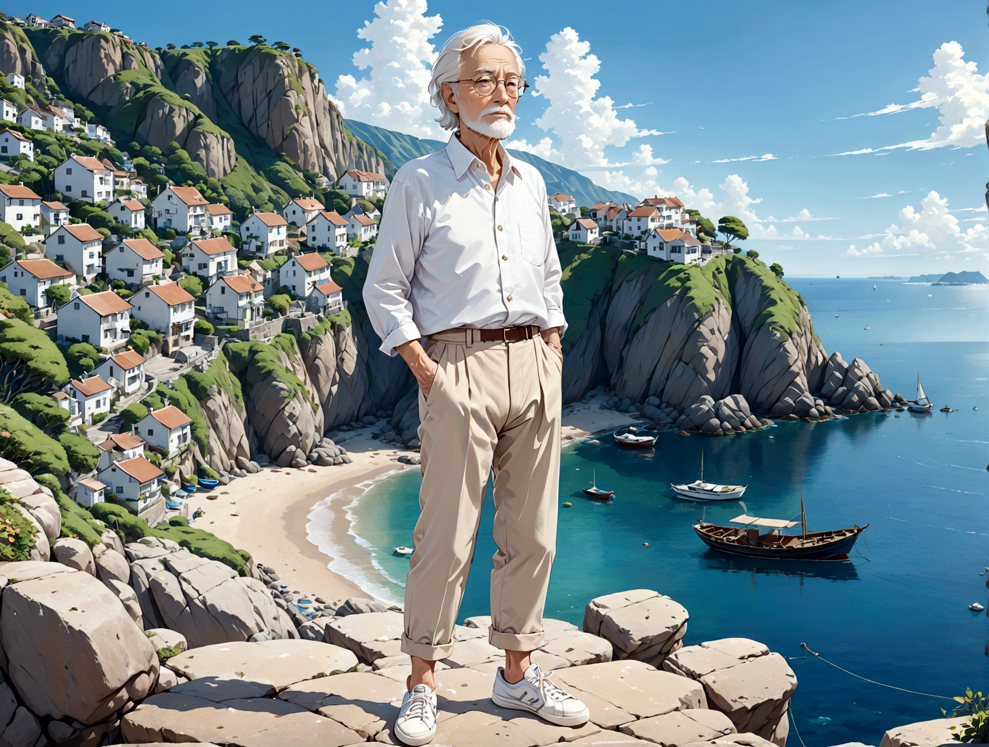 Create a high-quality anime-style image featuring an elderly man standing on a rocky cliff by the sea. The man has white hair, a beard, and is wearing round glasses. He is dressed in a white shirt, beige pants rolled up at the ankles, and white sneakers. His posture is relaxed, with his hands in his pockets, gazing thoughtfully into the distance.
The background consists of a clear blue sky filled with fluffy, white clouds. Below the cliff, there is a calm sea with boats and a small coastal village nestled at the foot of green, mountainous terrain. The scene captures a peaceful, reflective moment, with vibrant colors and detailed shading to emphasize the tranquil and contemplative atmosphere.