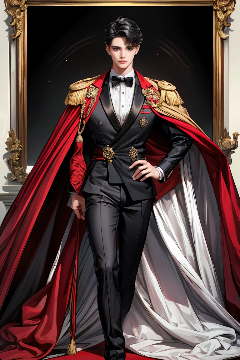 
masterpiece, 最high quality, high quality, 1 boy, alone, Male focus, Watching the audience,  Messy black hair, Adorable big blue eyes, White people, Noble, Noble,A black and red cape bursting with sexy volume、Tuxedo、A very voluminous, large, very large, very large, long, long red and black cape with a high stand-up collar, made of a lot of fabric that reaches down to the floor., 17 years old,Cute beautiful boys,Cute, cute, kind, handsome guy