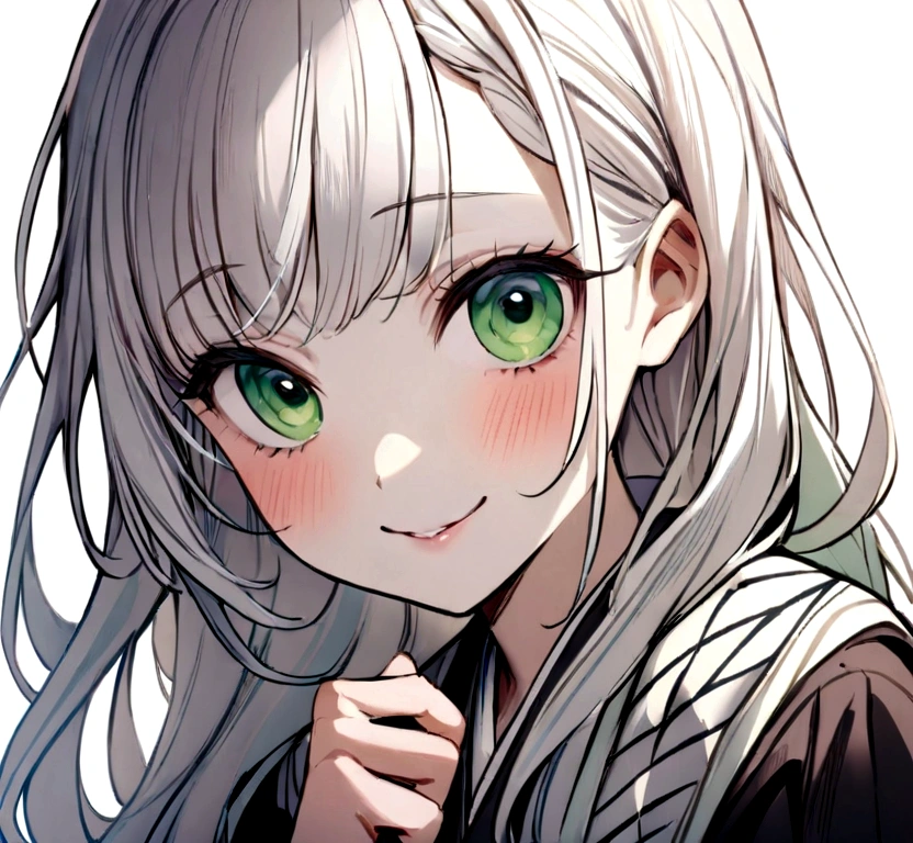 white background, kimono. Masterpiece, Best Quality,1 girl、Kimetsu no Yaiba style、uniform hashira、 bright platinum hair 、long hair、bright platinum hair、smiles、 cold、 pastel green eyes、 light eyes、cold、close-up、