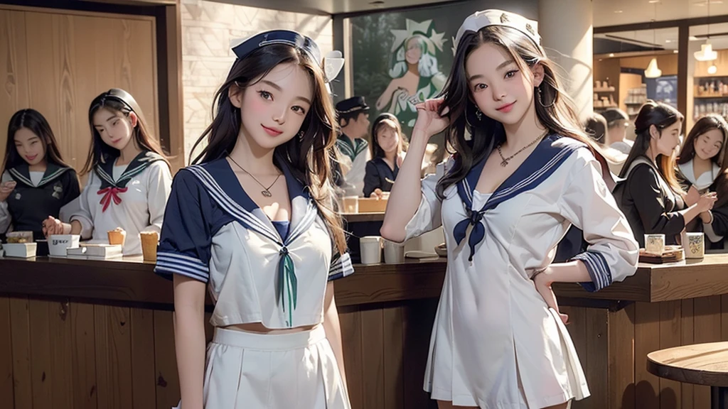 8K、RAW Photos、Highest quality、Super detailed、Super Resolution、Ultra HD、8K壁紙、Amazing details
(((Inside the Starbucks store)))、((((16 year old high school girl in sailor suit))))、Eat cake、Drink coffee、smile、Heart Necklace(((Emphasize cleavage)))
(Full body photo)