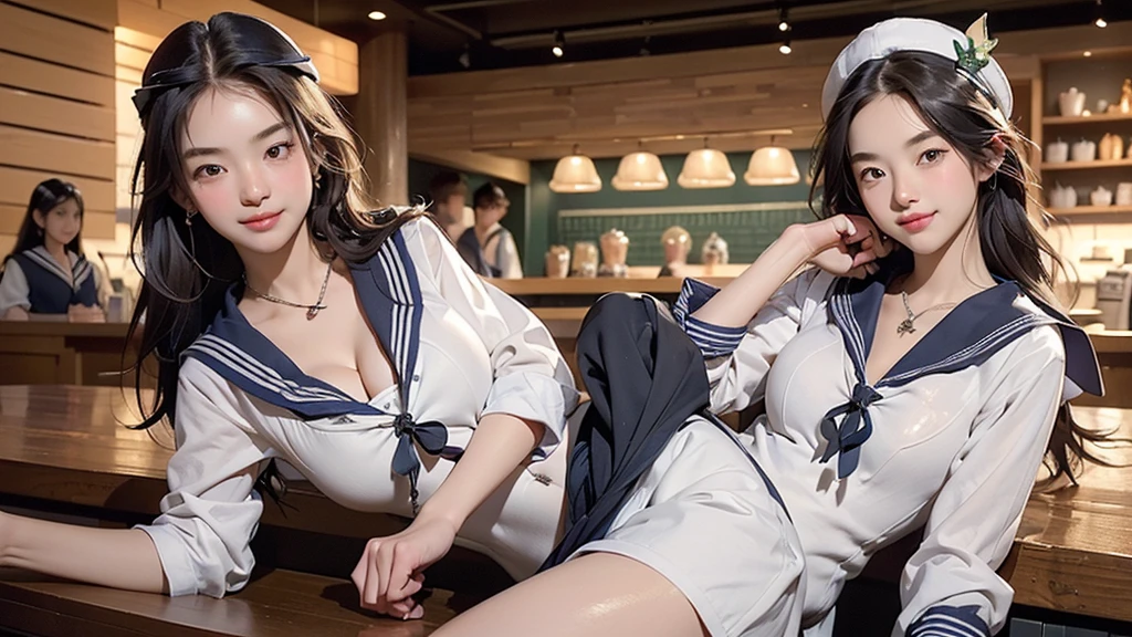 8K、RAW Photos、Highest quality、Super detailed、Super Resolution、Ultra HD、8K壁紙、Amazing details
(((Inside the Starbucks store)))、((((16 year old high school girl in sailor suit))))、Eat cake、Drink coffee、smile、Heart Necklace(((Emphasize cleavage)))
(Full body photo)
