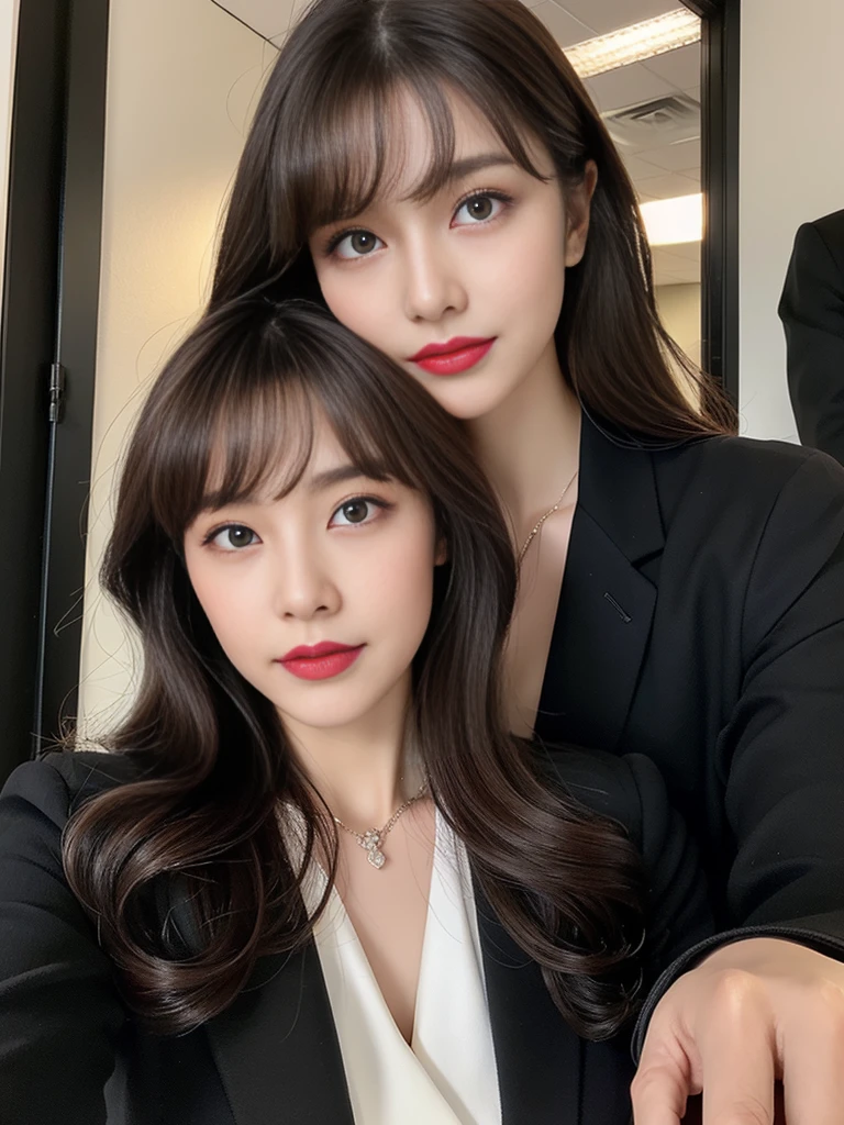 Highest quality、Super detailed、4K、Japanese、Captivating beauty、Attractive adult woman、One pretty woman、one cool girl、一人のevil女、brainwashingされた、brainwashing、Fallen into evil、Grin、邪evilな表情、邪evilな笑顔、evil、Brown Hair、Wavy Hair、Swept-apart bangs、Heavy makeup、Heavy makeup、Sharp Eye、Hollow Eyes,Half-closed eyes、Hollow Eyes、purple eye shadow、Black lipstick、Black lip gloss、suit、Black jacket、blouse、Black tight skirt、night、In the office、Have lipstick