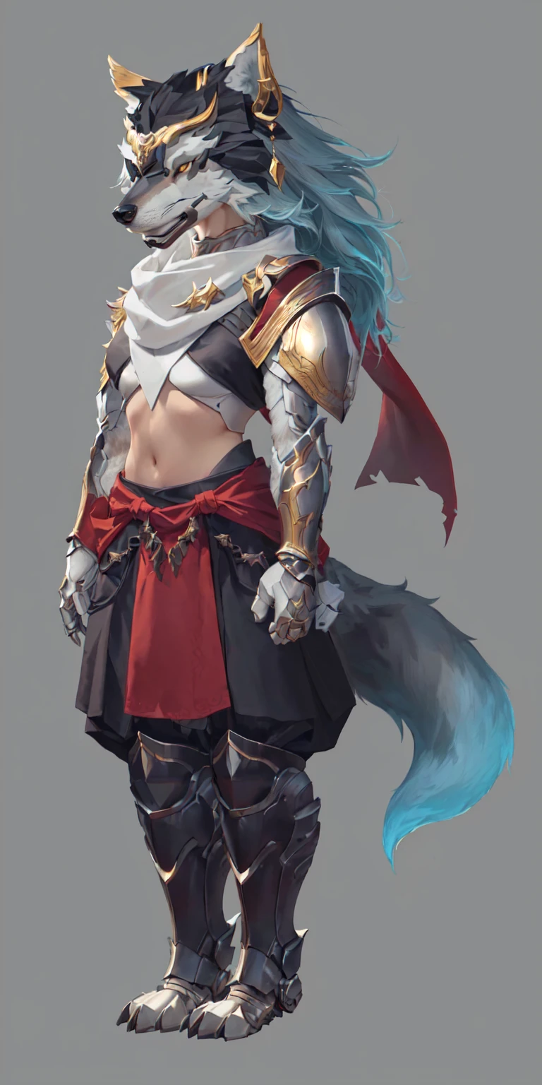 Close-up of man in wolf costume, Wolf-inspired armor, detailed Whole body concept art, detailed Whole body concept, Anthropomorphic wolf girl, Wearing a white scarf,Whole body concept, Wolf Armor, Minotaur Wolf, High resolution commissions, Female Warrior, Full body character concept, Whole body concept art, Female body