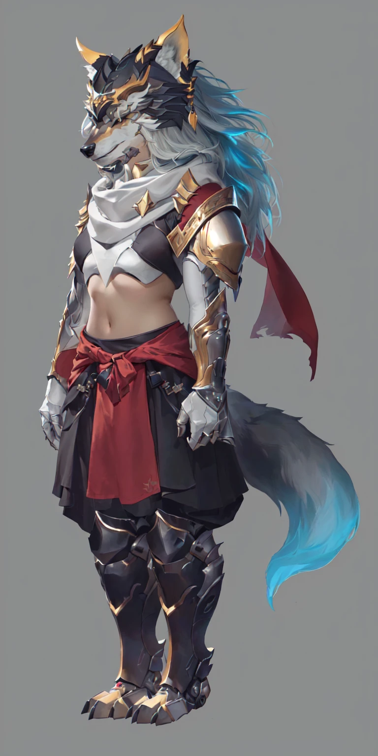 Close-up of man in wolf costume, Wolf-inspired armor, detailed Whole body concept art, detailed Whole body concept, Anthropomorphic wolf girl, Wearing a white scarf,Whole body concept, Wolf Armor, Minotaur Wolf, High resolution commissions, Female Warrior, Full body character concept, Whole body concept art, Female body
