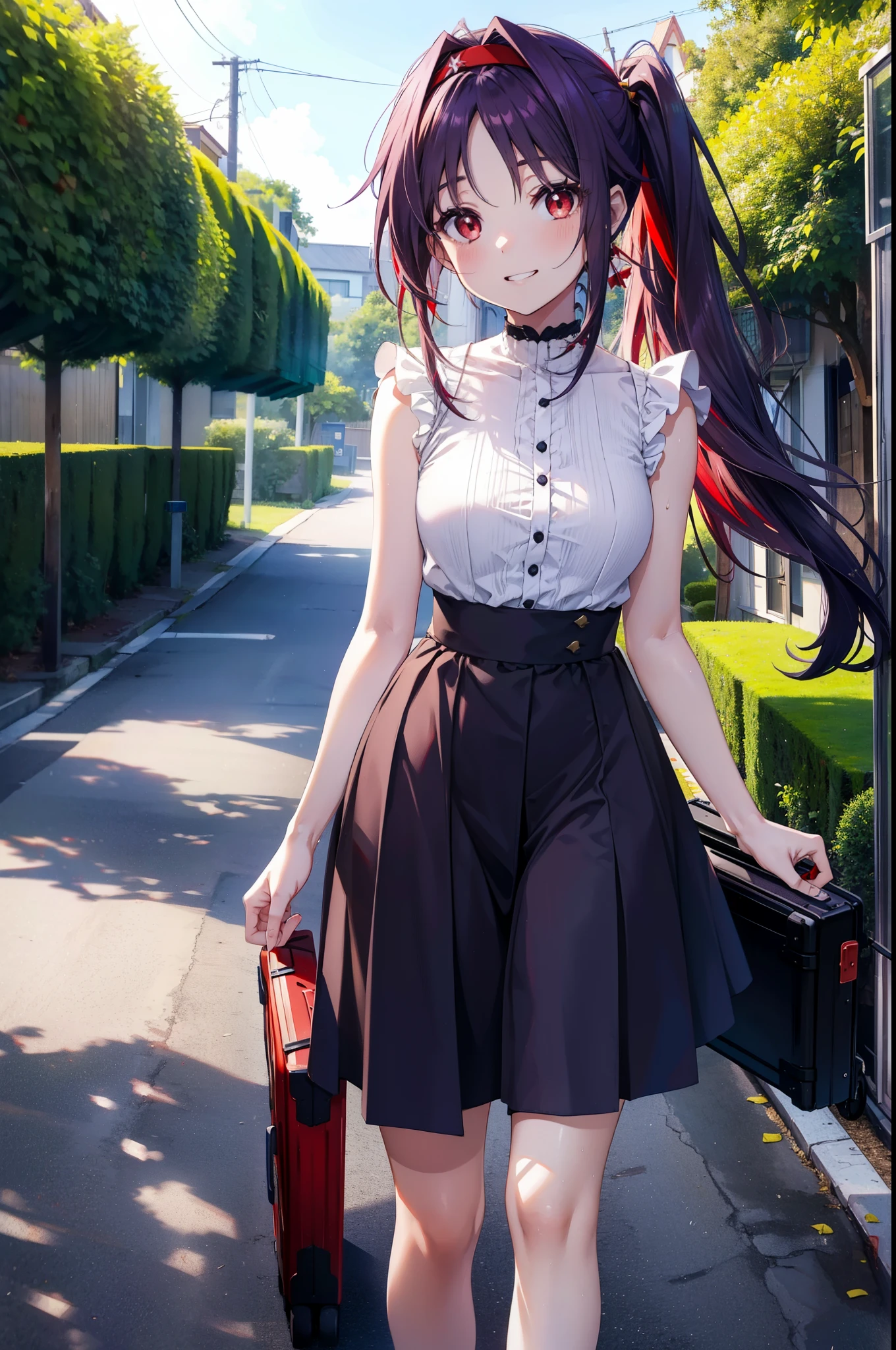 yuukikonno, Konno Yuuki, hair band, Long Hair, Pointed Ears, Purple Hair, (Red eyes:1.5), (Small breasts:1.2),Side Ponytail,smile,Grin,Purple sleeveless dress、Cute Sandals,Put your right hand on your hip,Push-type suitcase,Are standing,Daytime,whole bodyがイラストに入るように, break looking at viewer, whole body, break outdoors,countryside, Residential Street,In town, break (masterpiece:1.2), Highest quality, High resolution, unity 8k wallpaper, (figure:0.8), (Detailed and beautiful eyes:1.6), Highly detailed face, Perfect lighting, Extremely detailed CG, (Perfect hands, Perfect Anatomy),チックなmorning日,morning,Extreme light,