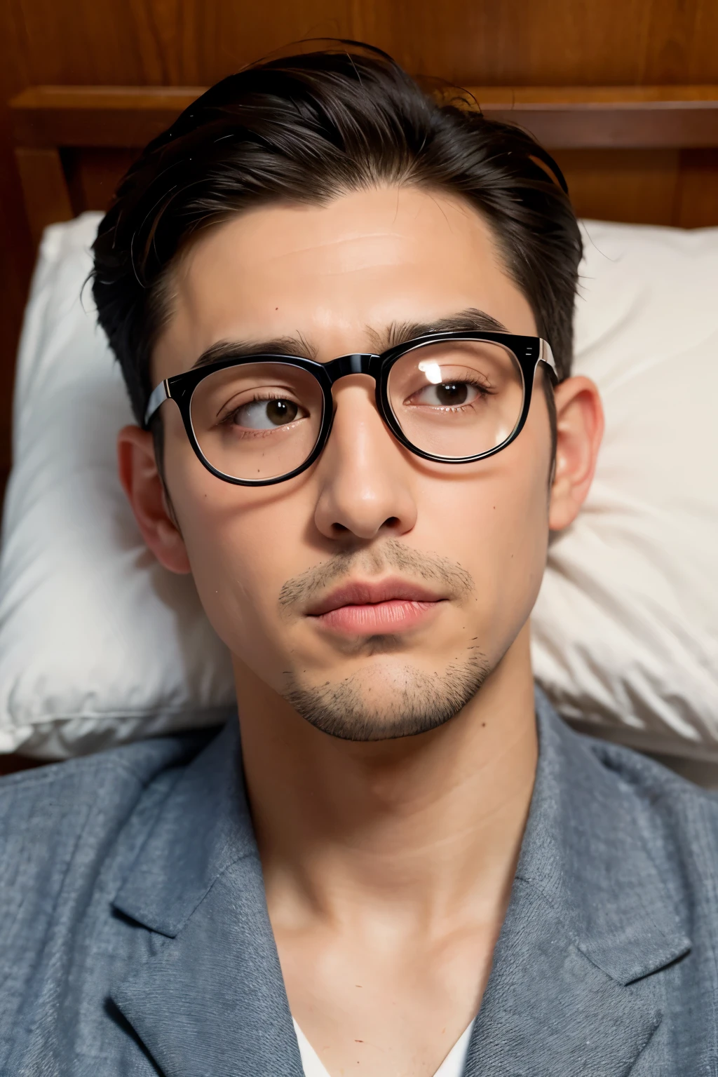 There is a sleeping habit around the crown of the head.、A tall man wearing thin, black-rimmed glasses、Bangs slightly above eyebrows、The back is shaved, the nose is high, and the eyebrows are slightly worried.