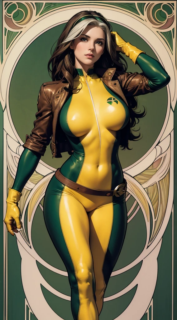 (masterpiece:1.0), (best_quality:1.2), Classic Rogue, 1991 Rogue X-Men, 1 girl, Only 1, full body view, medium length hair, brown hair, wavy hair, messy hair, one lock of white hair, green eyes, mischievous look, smirking, fit figure, curvy figure, medium breasts, lipstick, makeup, jacket, green headband, belt, yellow gloves, skin tight bodysuit, open jacket, light source from above, (realism: 1.5), (Realistic: 1.4), (Absurdity:1.4), 8k, ultra-detailed, Detailed Beautiful Woman, (Art Nouveau style), influence by John William Waterhouse and Alphons Mucha, circles, banners, background colors: green, gold, yellow, white, beige