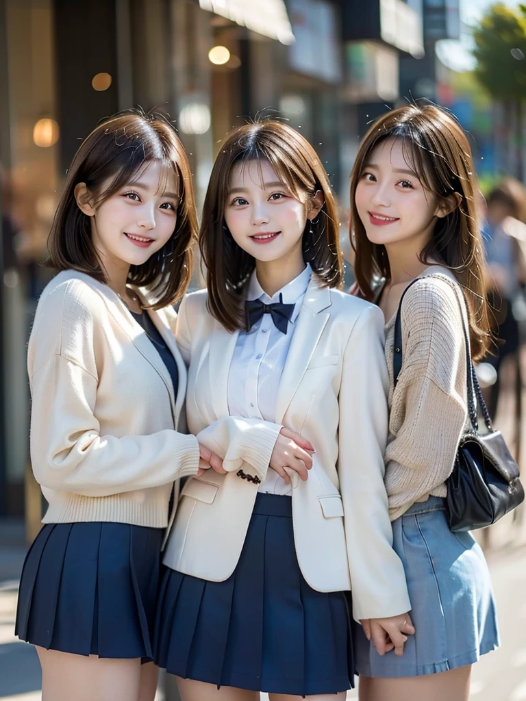 Three Beauties,3 girls,mini skirt,Wearing a uniform,blazer,smile