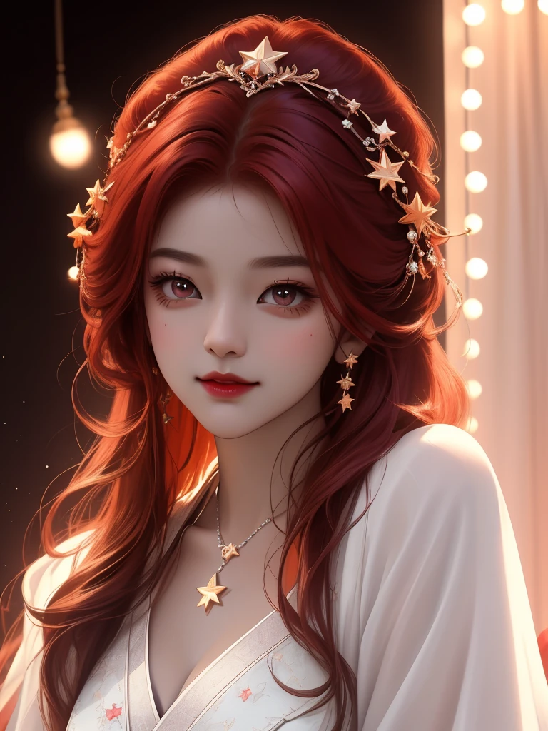 best quality, masterpiece, high resolution, 1 Girl,flirtatious，Big red hair，(Charming smile:0.8),Star-shaped pupil,china hanfu,Hair accessories,necklace, Jewelry,Pretty Face,Above_Body, Tyndall effect,Reality, Dark Studio, Rim Light, Two-tone lighting,(High Detail Skin:1.2), 8K uhd, Digital SLR Camera, Soft lighting, high quality, Volumetric Lighting, frank, photo, high resolution, 4K, 8K, Bokeh