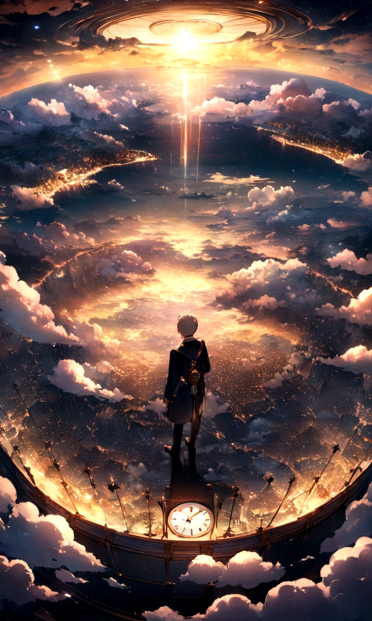 Very detailed CG Unity 8K 壁紙、Cinematic lighting、Lens flare、Beautiful detailed eyes、landscape、Ultra HD、cloud、8K quality、Ultra Sharp、Real Light、Surreal、Ridiculous Resolutions, High resolution, (masterpiece:1.4), Very detailed, One boy, View from above, space, floating, - At six o&#39;clock