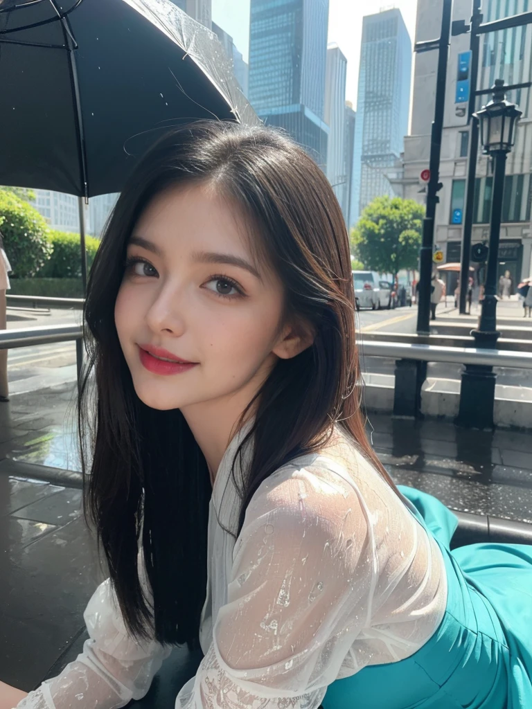 ((best quality, 8K, masterpiece: 1.3)),upper body,Black Hair, black eye,sharp focus: 1.2, beautiful woman with a perfect body: 1.4, ((Medium Hair, large: 1.2)), (small and beautiful hard (White long sleeve blouse with lace、Silk Tight dark turquoise long skirt), (wet from rain: 1.2), (rain, street: 1.2), wet body: 1.1, Highly detailed face and skin texture, detailed eyes, double eyelids, White skin,,E cup,smile,Financial district of the big city,Skyscraper,White skin,Wet Hair、Wet Skin、Wet clothes、smile、