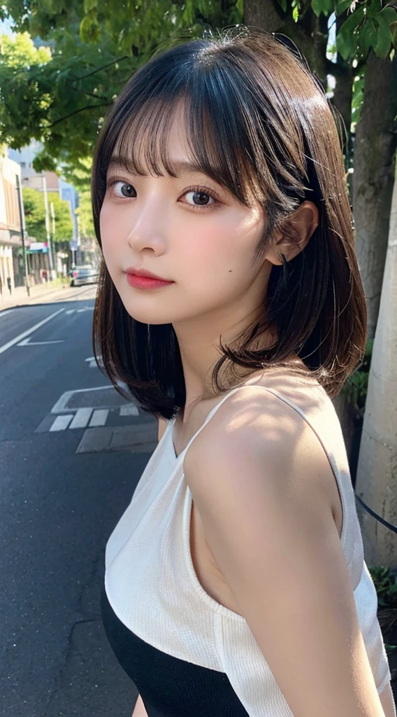 Tabletop, Highest quality, Very detailed, In detail, High resolution, In 8K, Perfect dynamic composition, Beautiful attention to detail, Natural Lip, delicate、Black tank top、Ezvian Everywhere 、plump 、beauty 、Beautiful black hair、Medium Straight Hair、delicateな目、delicateな目元、Highest quality、roadside、blue sky、Looking back