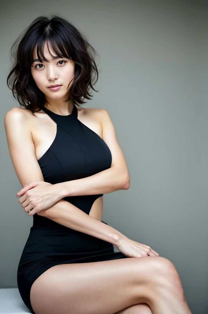 You are a professional photographer。 , short hair blown by the wind. She is playing with the camera with a faint smile.., (In the Dark), , Perfect Eyes, Perfect hands, Perfect body, Perfect Hair, Accurate身体, masterpiece, Accurate, Anatomically correct, Rough skin, Very detailed, Advanced Details, high quality, 最high quality, High resolution, 16K, 8K, Looking into the camera,Bold mini dress、Thighs