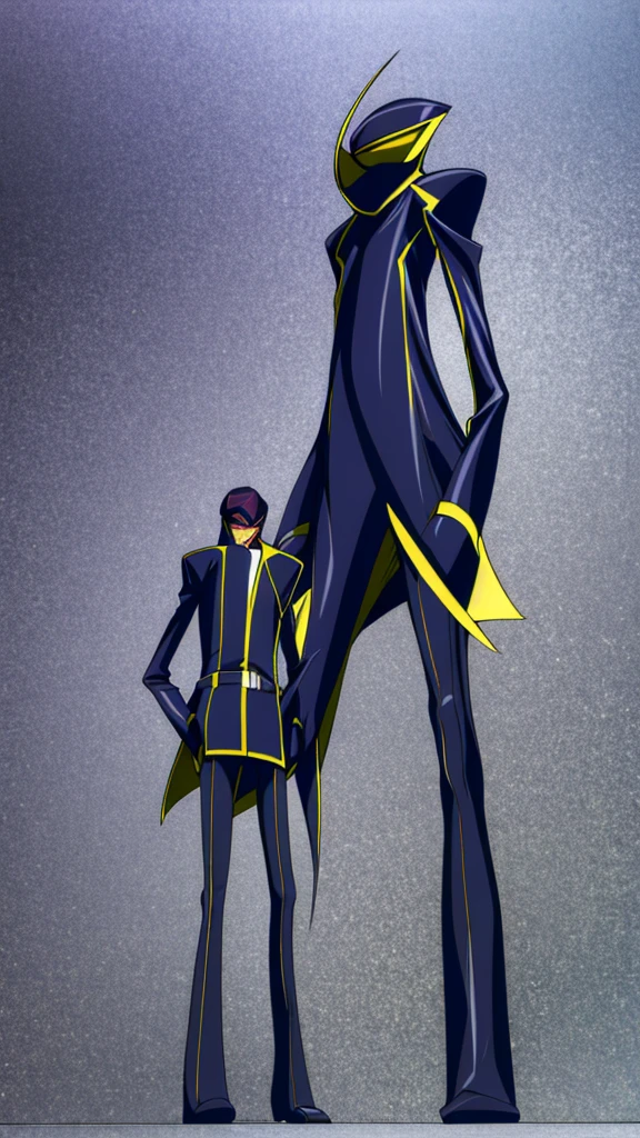 Male, teenager, vigilante, wearing dark clothes, a coat, and a mask, athletic build, hands in pockets, standing at attention, nighttime setting, lone figure, facing viewer, fully in frame, full body shot, Code Geass style, codeGeass, CODEGEASS