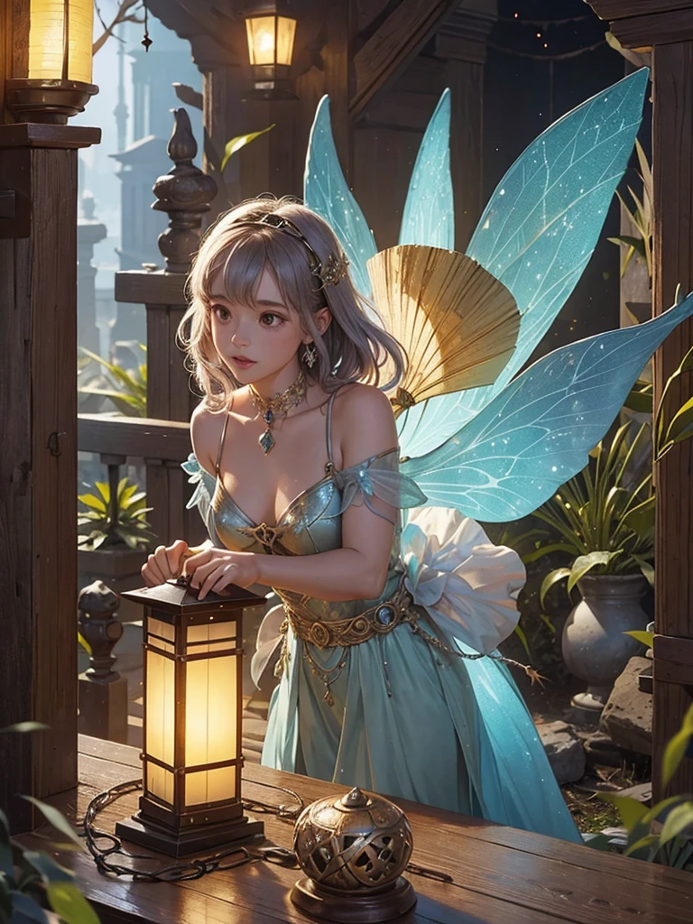 An antique lamp with a fairy girl inside to create light.