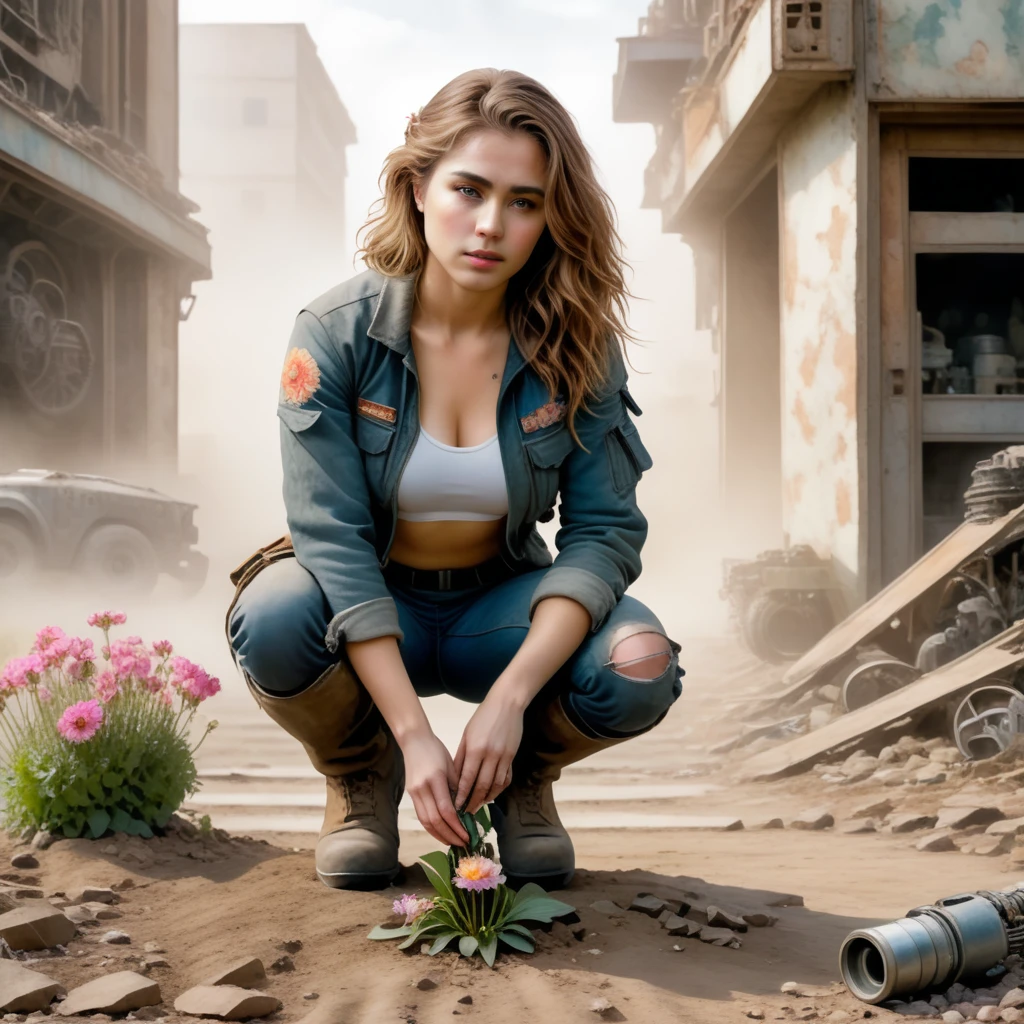 (Highest quality, 4K, masterpiece, Amazing details:1.1), Kneel, (For rest|Fantasy), ((((Post-apocalyptic Mechanic Woman)))), Thin eyebrows, Short wavy hair with a flower ornament, ((watercolor:1.2)), (whole body)