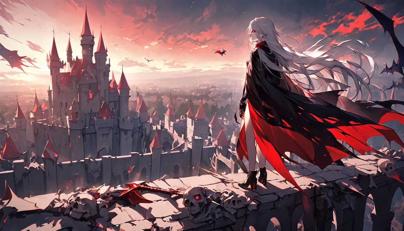 vampire，Long white hair，Standing on the roof of the castle, looking into the distance，Red Sword，Gorgeous black cape，Red eyes，Remains