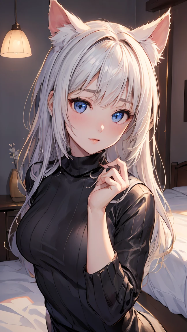 (1 Girl:1.3, Solitary), (非常beautiful日本女人), (22 years old: 1.1), ), (Studio Soft Light: 1.3), (Fake lights: 1.3), (Backlight: 1.3), (Practical, Reality: 1.37), (masterpiece, best quality: 1.2), (Ultra-high resolution: 1.2), (RAW photos: 1.2), (Clear focus: 1.3), (Face Focus: 1.2), (Ultra-detailed CG unified 8k wallpaper: 1.2), (Beautiful skin: 1.2), (Pale skin: 1.3), (Hyper Clear focus: 1.5), (Ultra Clear focus: 1.5), (Pretty face: 1.3), (Ultra detailed background, Detailed background: 1.3), Ultra Practical Photo, Ultra-clear images, Ultra-detailed images,With cat ears,Long sweater,beautiful,Look at the camera,In the bedroom,happy,Bedroom Background