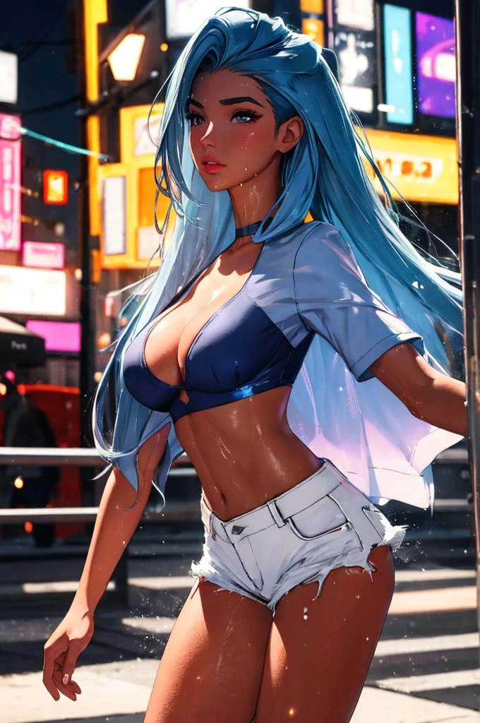 (best quality: 1.2), clean face, (masterpiece: 1.2, 8k)(PureErosFace_V1: 0.7), perfect anatomy, 1girl,a beautiful fashion model ,(masterpiece, official art, best quality) (wet skin, shiny skin) ,long and shiny hair, blue hair with streaks in hair, long hair, full lips, upturned nose , big breasts, looking at viewer, revealing outfit, absurdity, intricate details, city, dynamic pose, club, dancing, night life, cinematic lighting, (highly detailed skin: 1.2), wearing
short shorts and a tight white top, cleavage, torn clothes