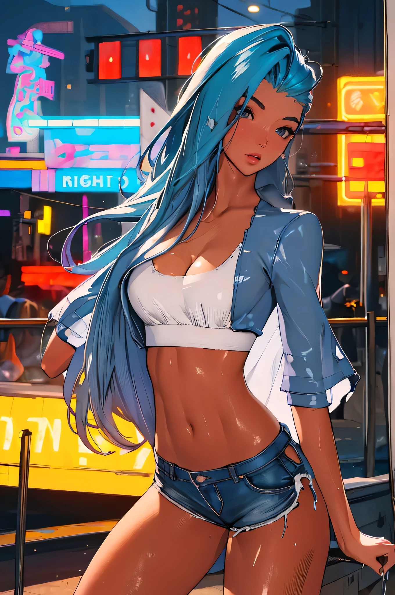 (best quality: 1.2), clean face, (masterpiece: 1.2, 8k)(PureErosFace_V1: 0.7), perfect anatomy, 1girl,a beautiful fashion model ,(masterpiece, official art, best quality) (wet skin, shiny skin) ,long and shiny hair, blue hair with streaks in hair, long hair, full lips, upturned nose , big breasts, looking at viewer, revealing outfit, absurdity, intricate details, city, dynamic pose, night, neon signs, cinematic lighting, (highly detailed skin: 1.2), wearing
 short shorts and a tight white top, cleavage, torn clothes